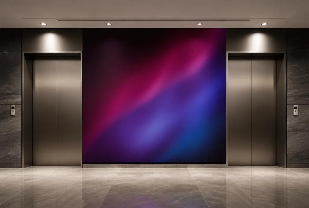 Painel adesivado na parede do hall de elevadores de um edifício comercial