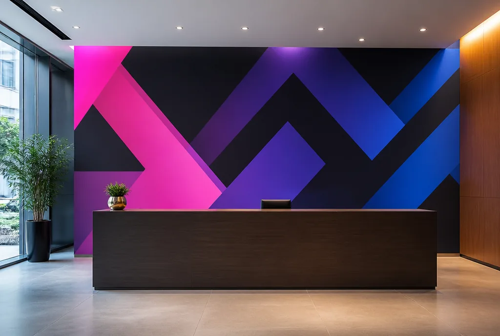 Adesivo de parede aplicado na recepção de uma empresa, atrás do balcão de atendimento