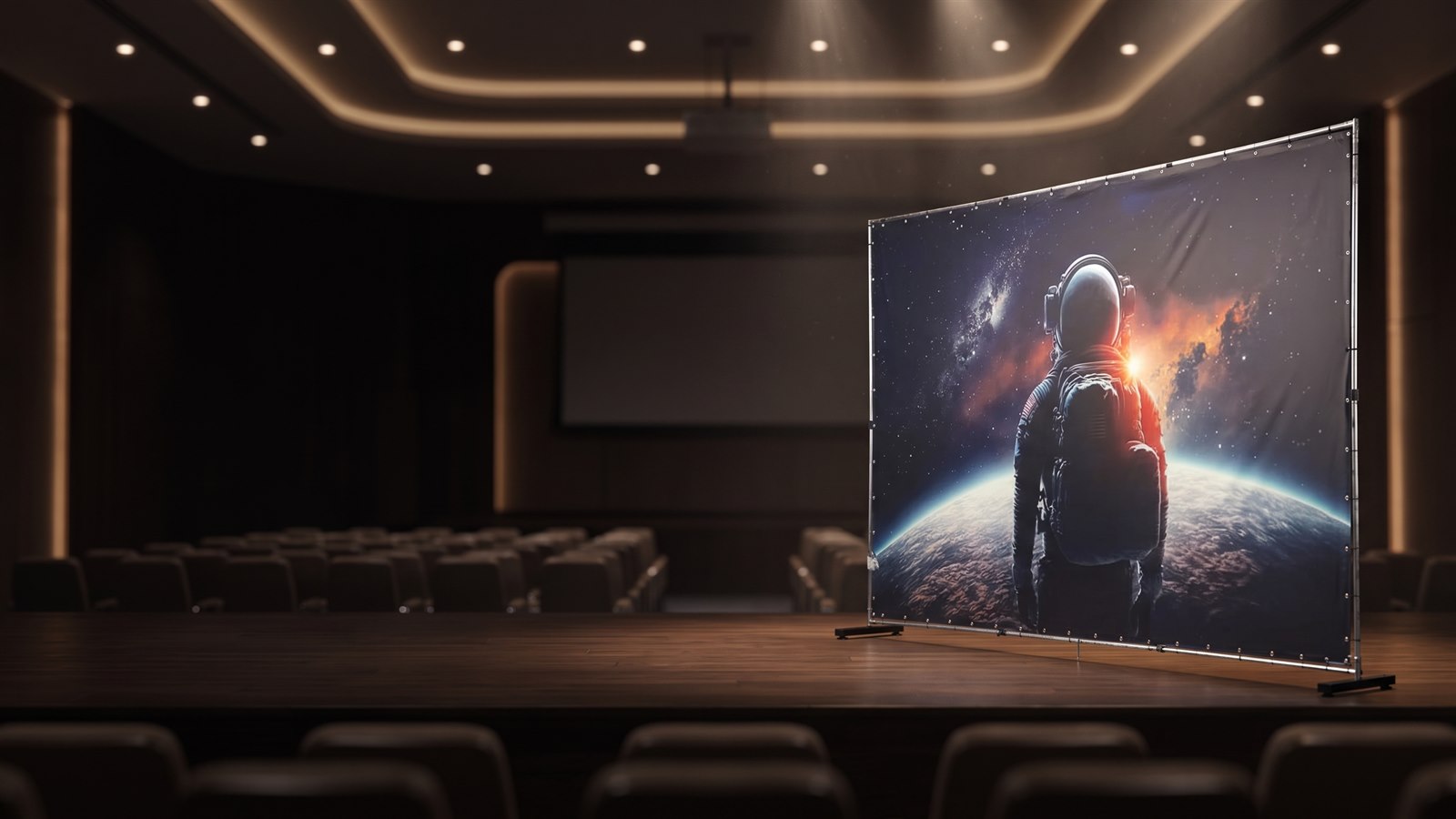 Backdrop ajustável da Ultra-V Print montado no palco de um auditório, com painel impresso e estrutura de alumínio
