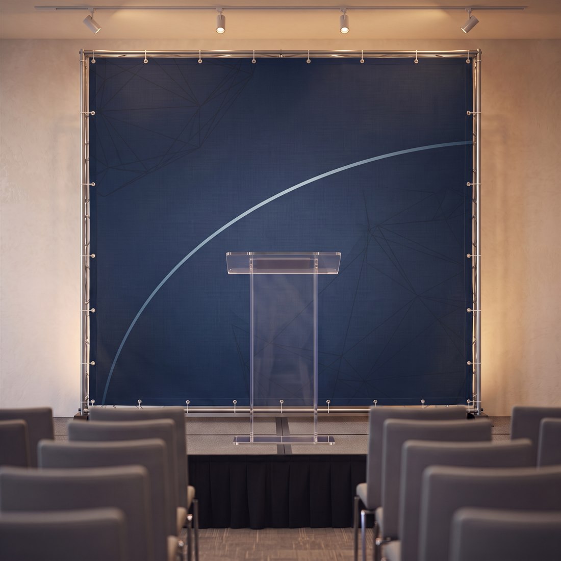 Backdrop de tecido impresso como fundo de palco em congresso corporativo