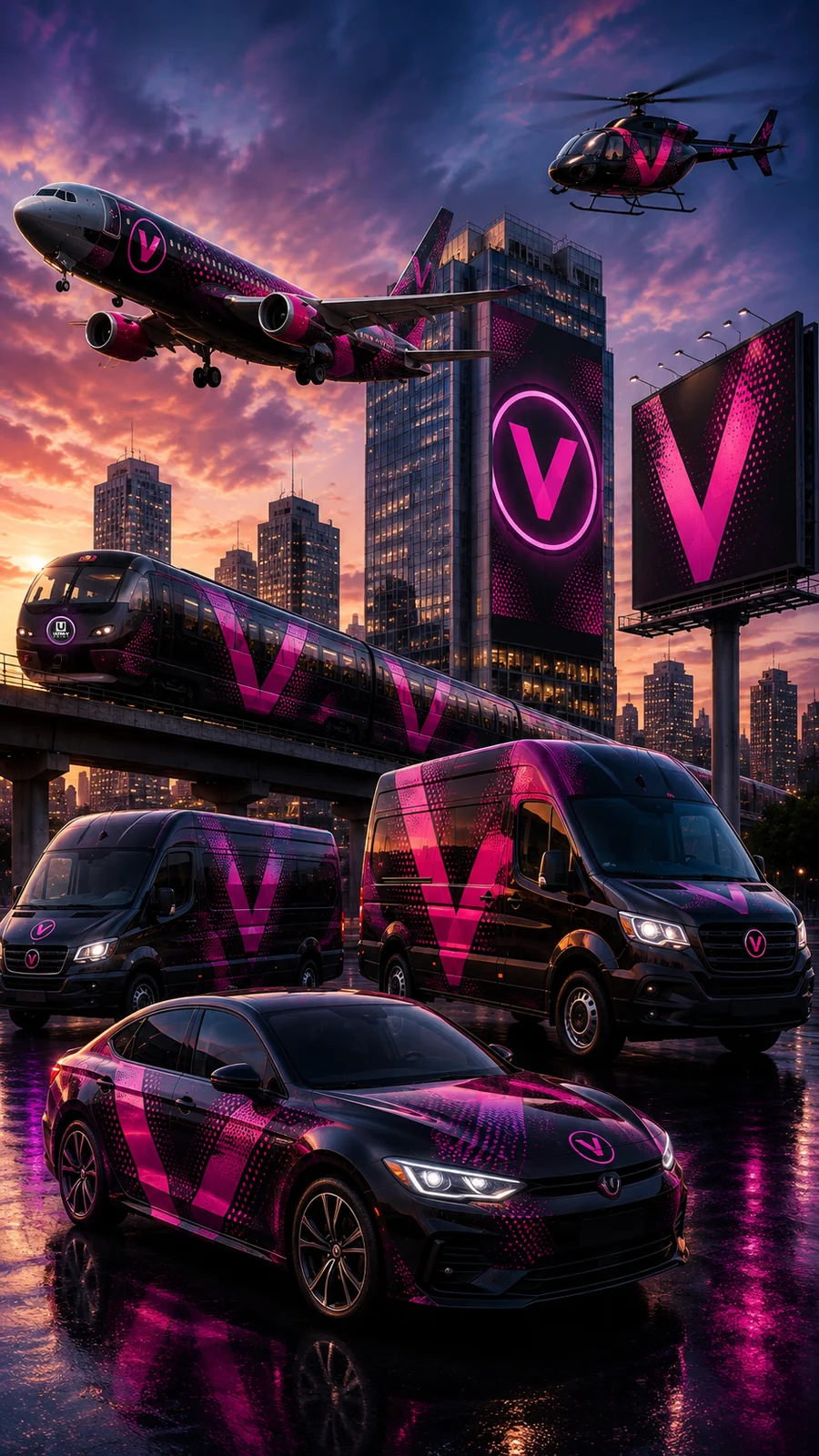 Avião, helicóptero, trem, vans e carro adesivados com a marca Ultra-V Print, painel de fachada e outdoor