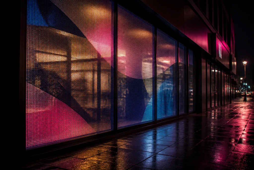 Loja à noite com adesivo microperfurado na vitrine e a luz interna acesa