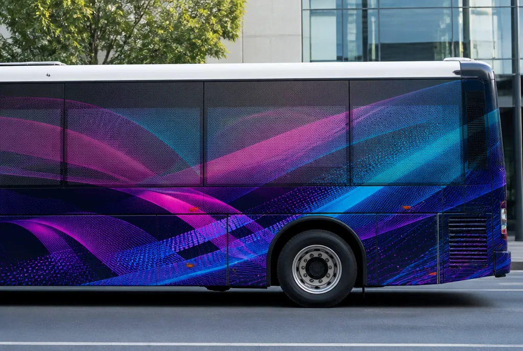 Ônibus com os vidros laterais cobertos por adesivo microperfurado impresso