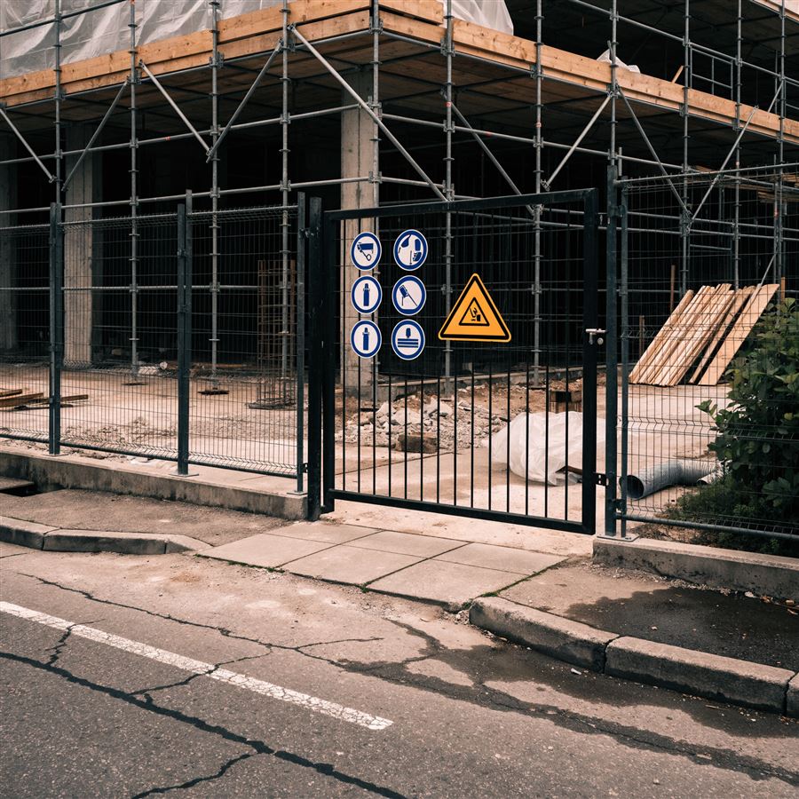 Entrada de canteiro de obra com placas de EPI obrigatório no tapume