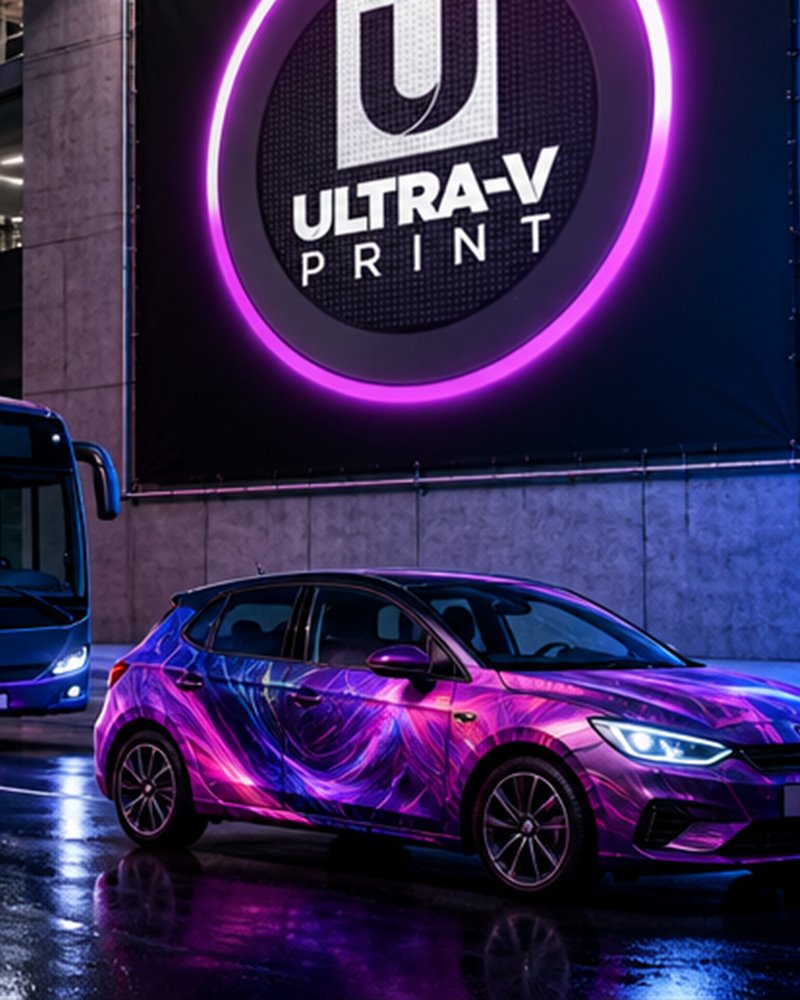 Carro e ônibus envelopados com vinil impresso em arte magenta e azul, em frente a banner da Ultra-V Print