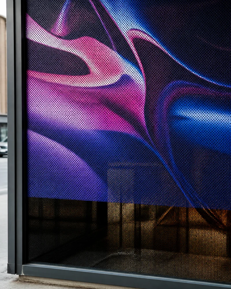 Vitrine de vidro coberta com adesivo microperfurado impresso