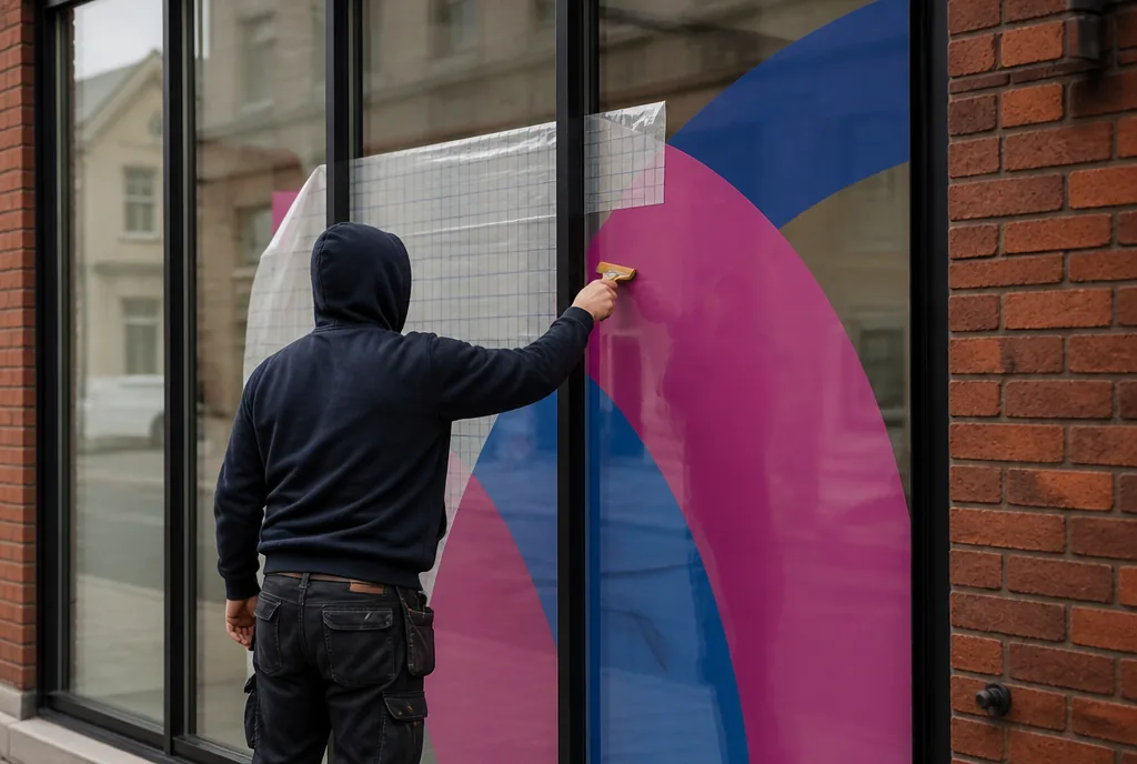 Instalador aplicando adesivo impresso no vidro da vitrine com espátula