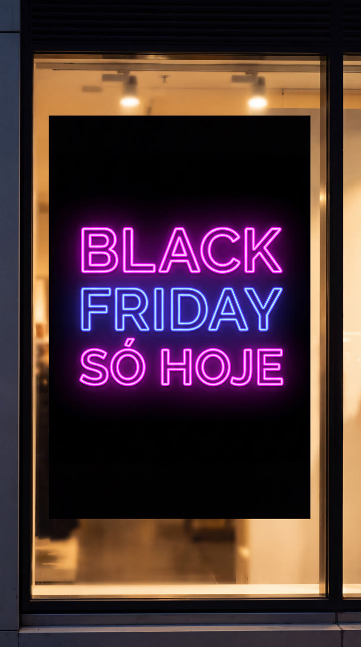 Adesivo de Black Friday aplicado na vitrine, em neon magenta e azul