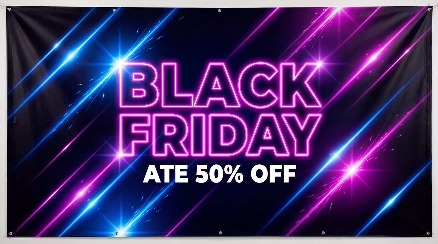 Banner de Black Friday com o texto ATE 50% OFF, sem acento
