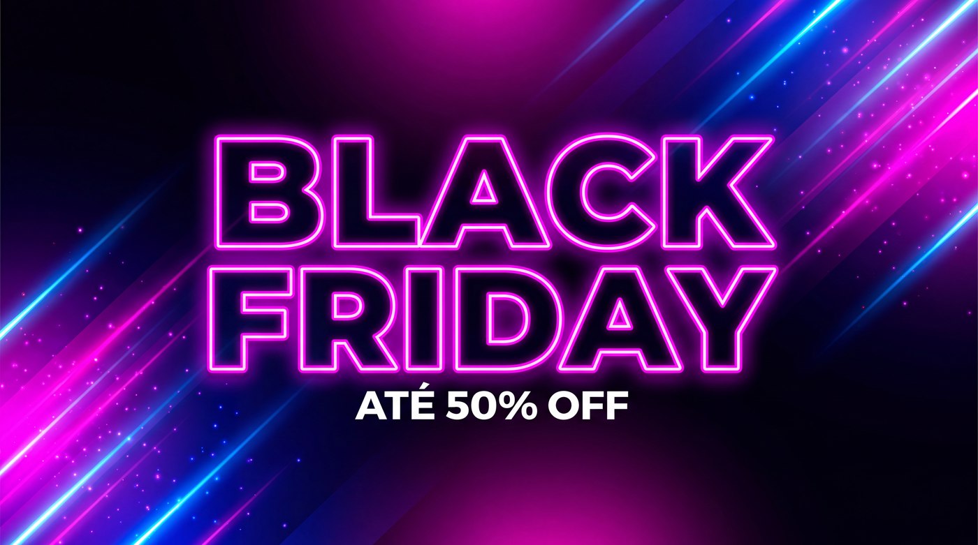 Banner de Black Friday com o texto ATÉ 50% OFF, acentuado