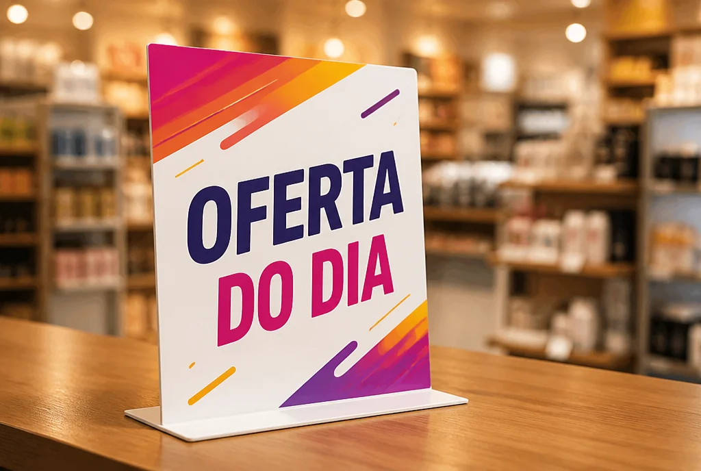 Display de mesa em L impresso apoiado no balcão de atendimento de uma loja