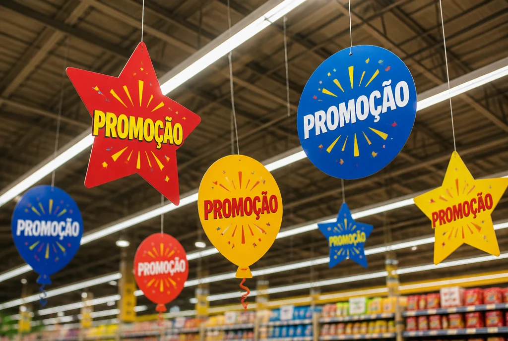 Móbiles promocionais recortados pendurados no teto de um supermercado