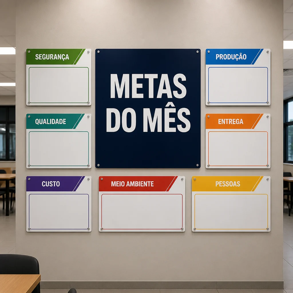 Mural de metas montado com placas impressas na parede de um refeitório de empresa