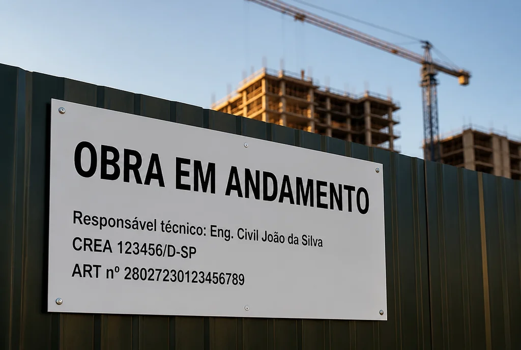 Placa de identificação de obra impressa e parafusada na cerca de um canteiro