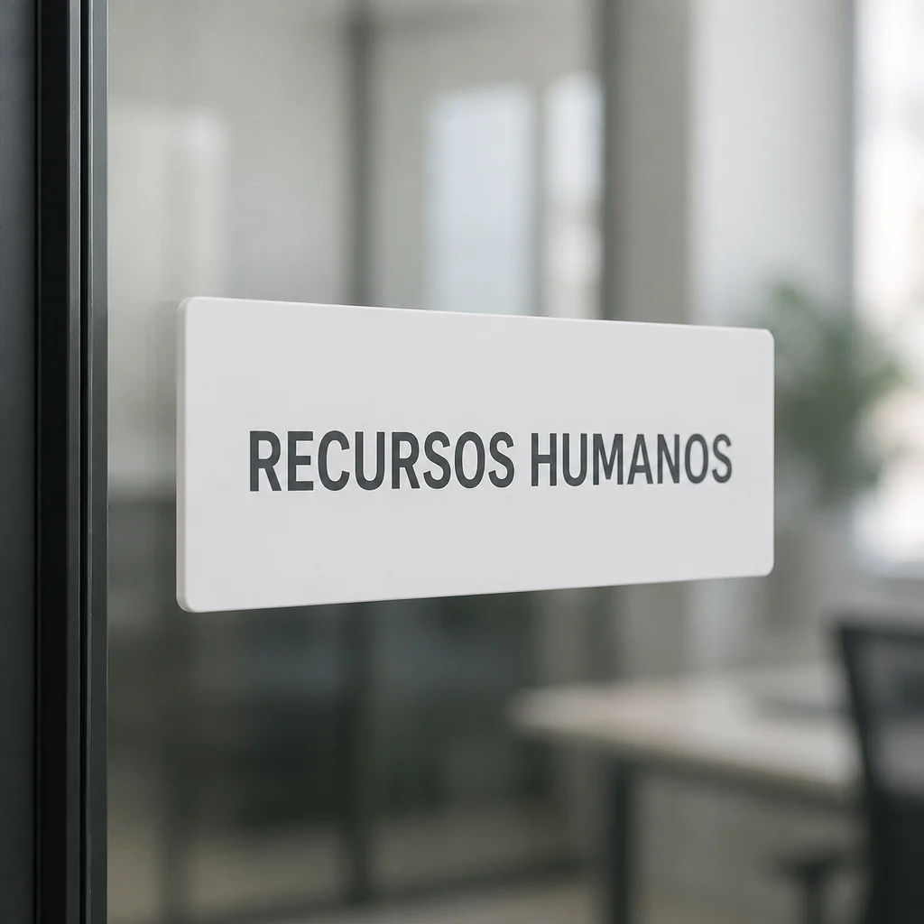 Placa de identificação colada com fita dupla face em uma porta de vidro de escritório