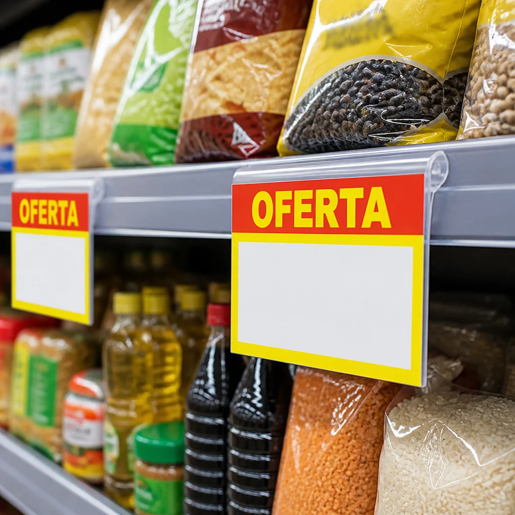 Plaquinhas de preço em placa rígida encaixadas na gôndola de um supermercado