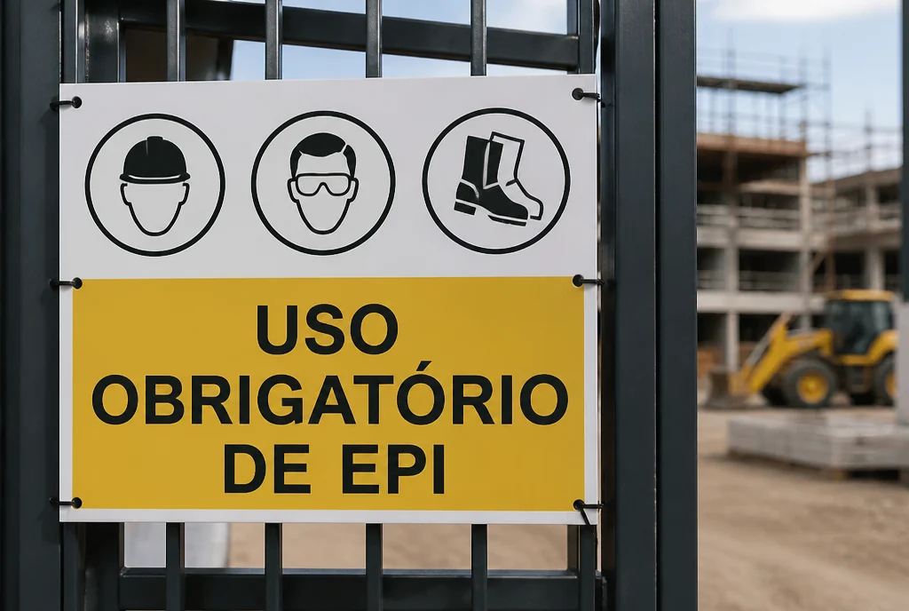 Placas de segurança com pictogramas de EPI presas ao portão de um canteiro de obras