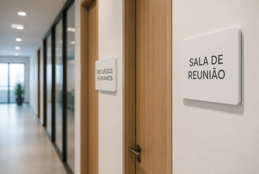 Placas de identificação de sala fixadas nas portas de um corredor de escritório