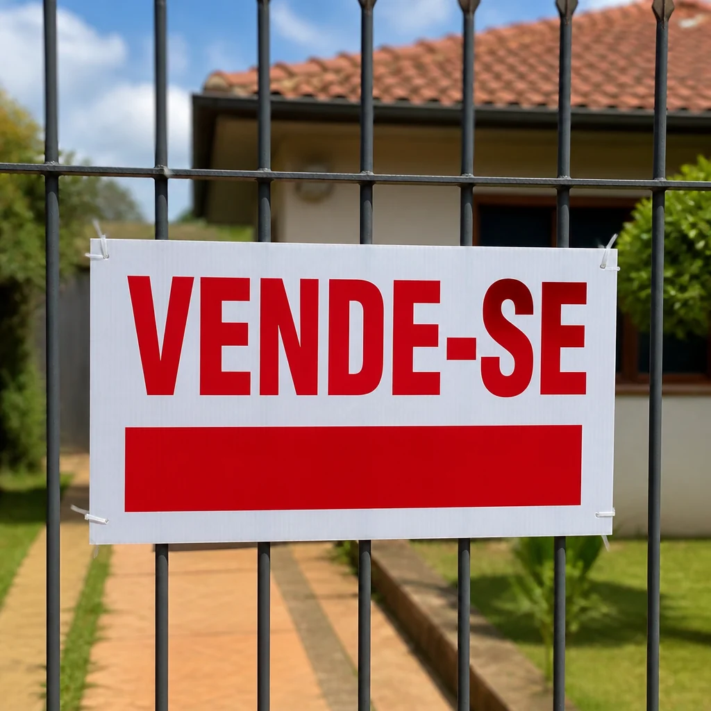 Placa de vende-se em PP corrugado presa na grade de um portão