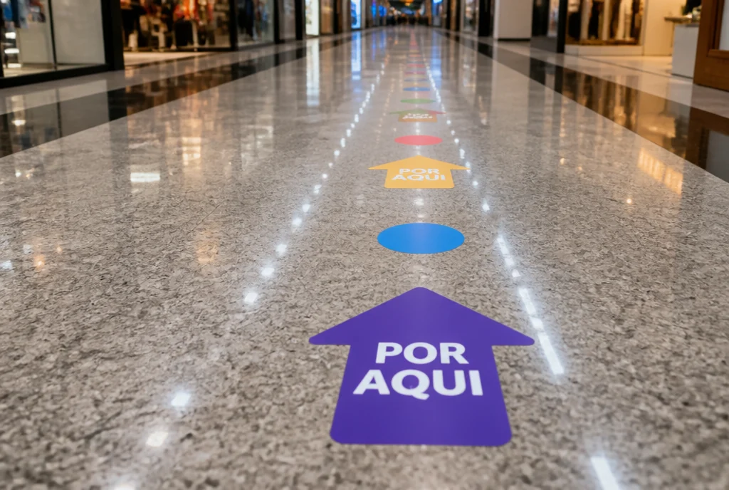 Adesivos de piso com setas aplicados no corredor de um shopping