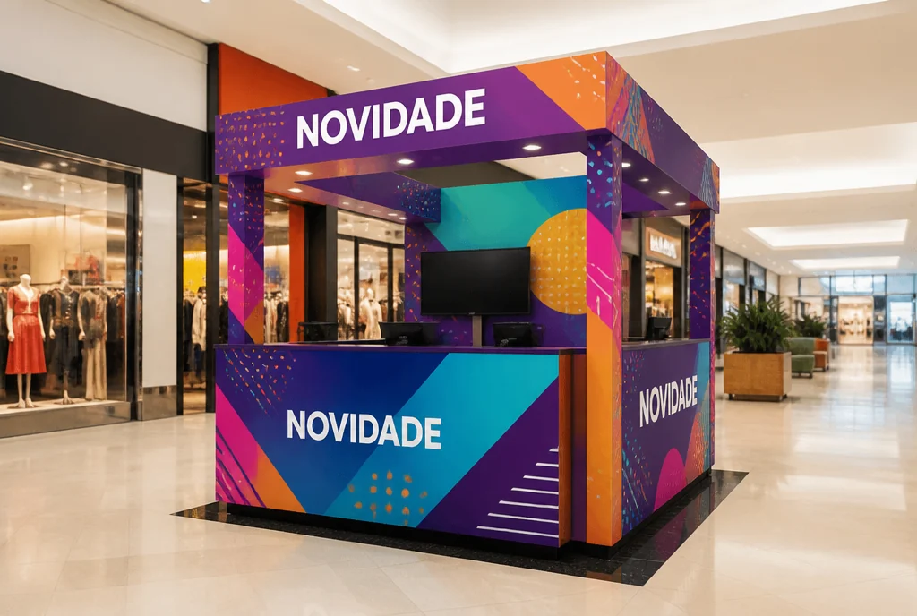Quiosque de shopping totalmente adesivado com impressão colorida