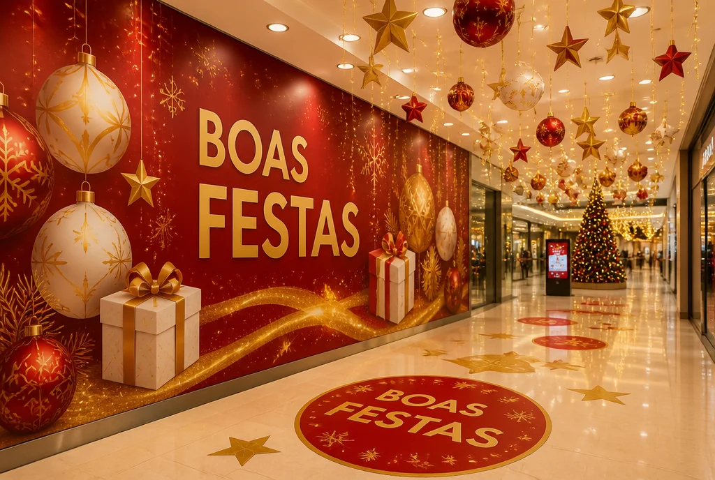 Corredor de shopping decorado para campanha de Natal com painel impresso, móbiles e adesivo de piso