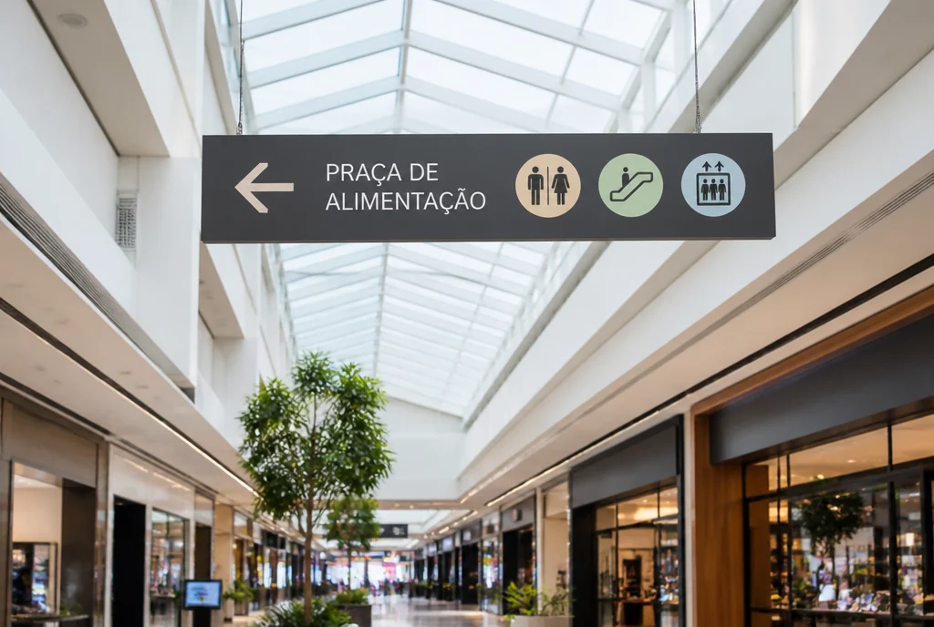 Sinalização suspensa no corredor de um shopping, com pictogramas e direcional