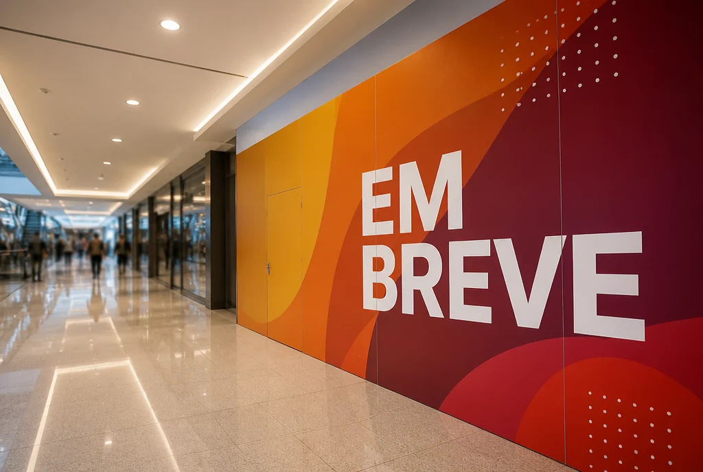 Tapume de obra de loja em shopping revestido com adesivo impresso de inauguração