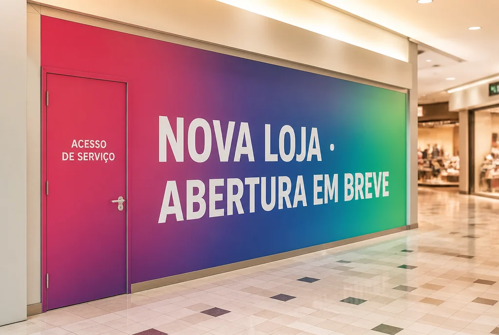 Tapume de loja em obra revestido com adesivo impresso e o anúncio de abertura