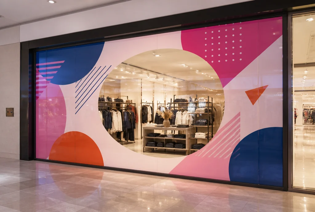 Vitrine de loja de shopping com adesivo impresso de campanha e área transparente