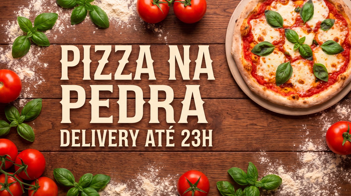 Banner de pizzaria com o texto PIZZA NA PEDRA e DELIVERY ATÉ 23H sobre fundo de madeira