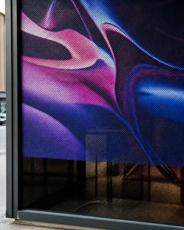 Vitrine de vidro coberta com adesivo microperfurado impresso
