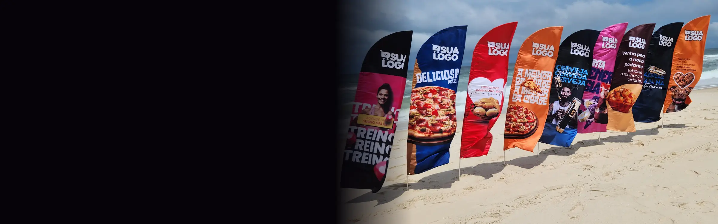 Wind banners personalizados produzidos pela Ultra-V Print expostos na praia, com artes de academia, pizzaria, padaria e pet shop